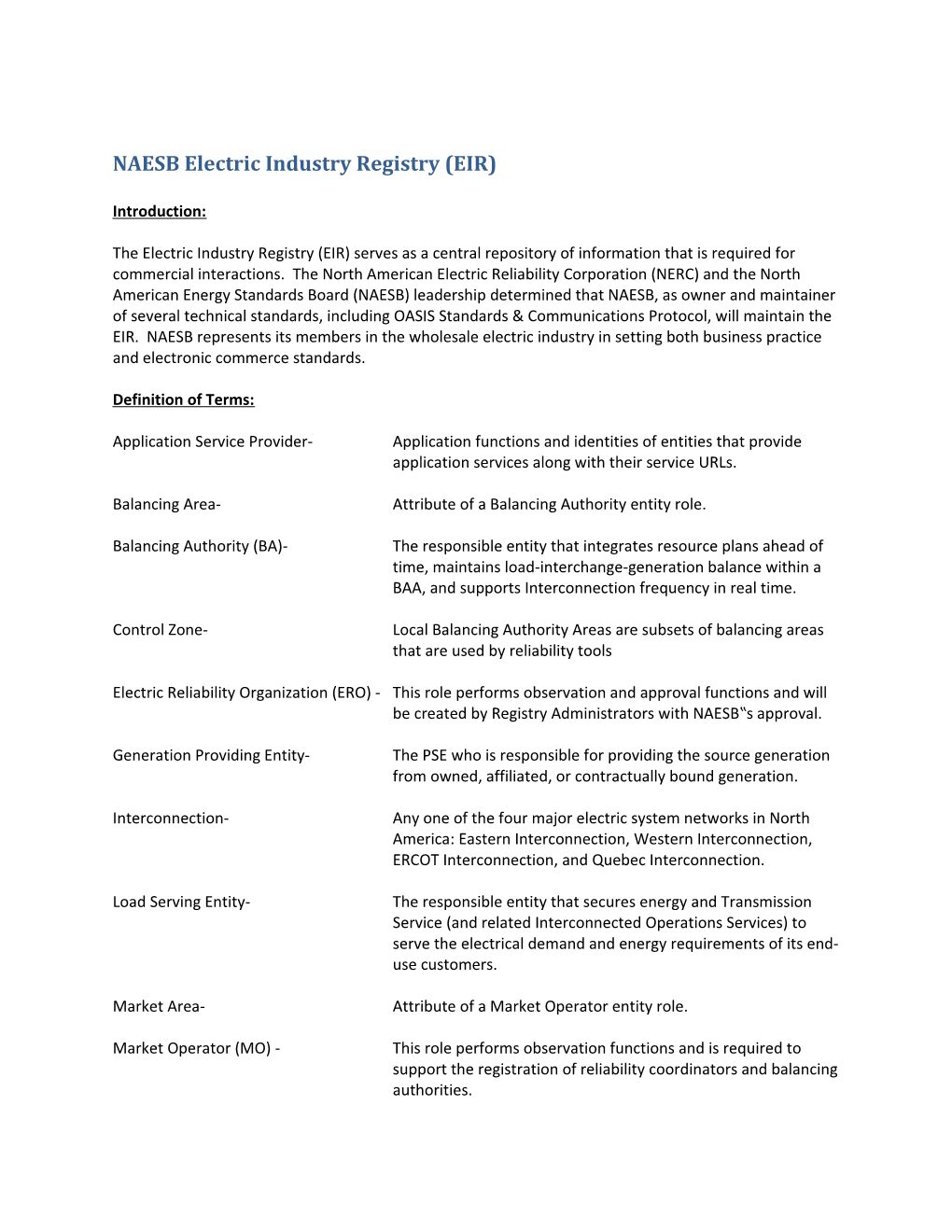 NAESB Electric Industry Registry (EIR)