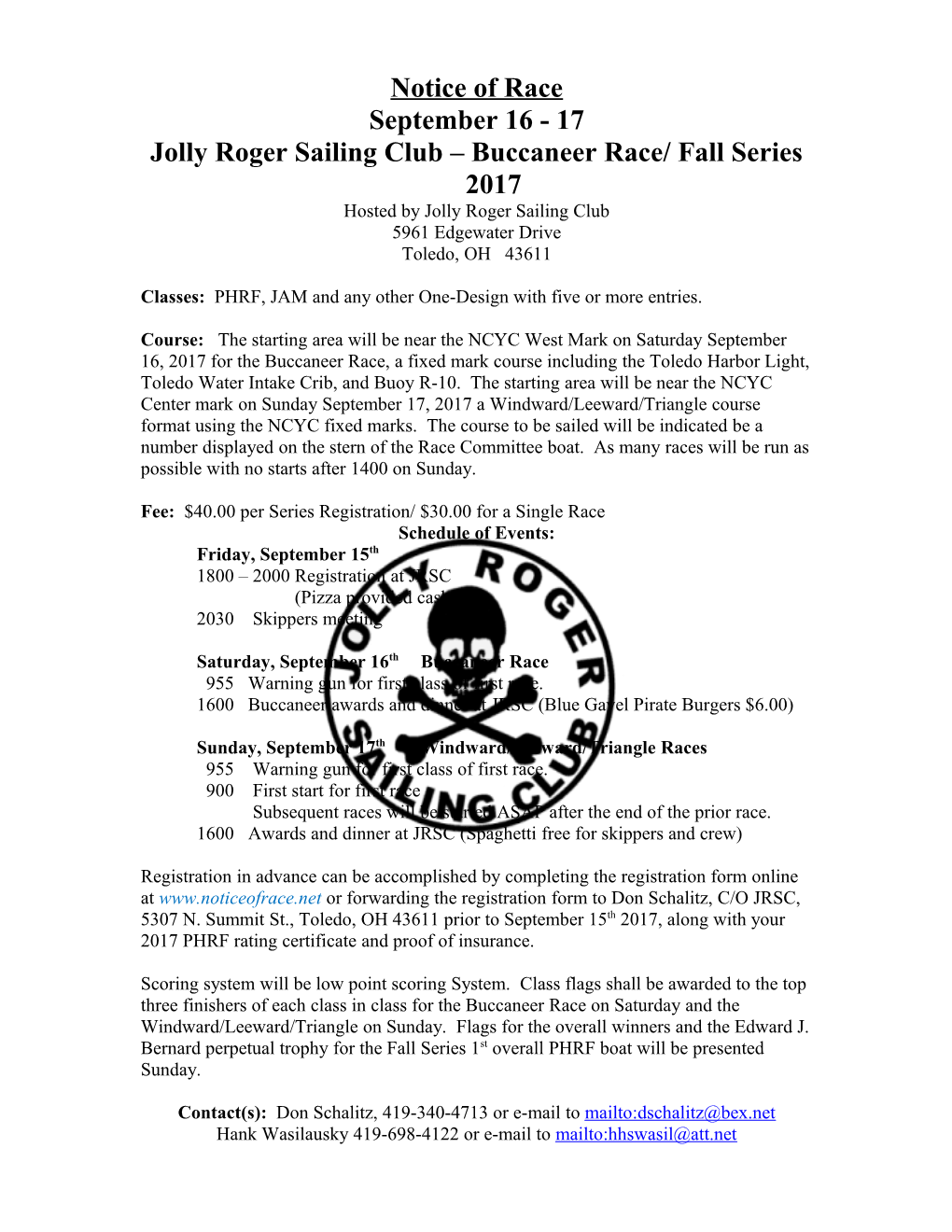 Jolly Roger Sailing Club Buccaneer Race/ Fall Series 2017