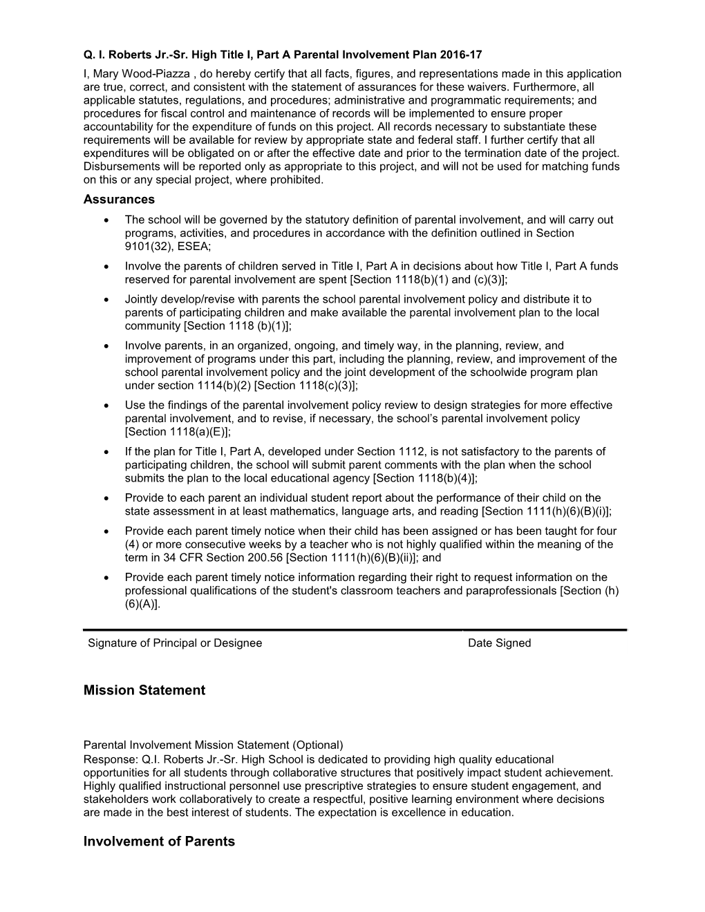 Q. I. Roberts Jr.-Sr. High Title I, Part a Parental Involvement Plan 2016-17