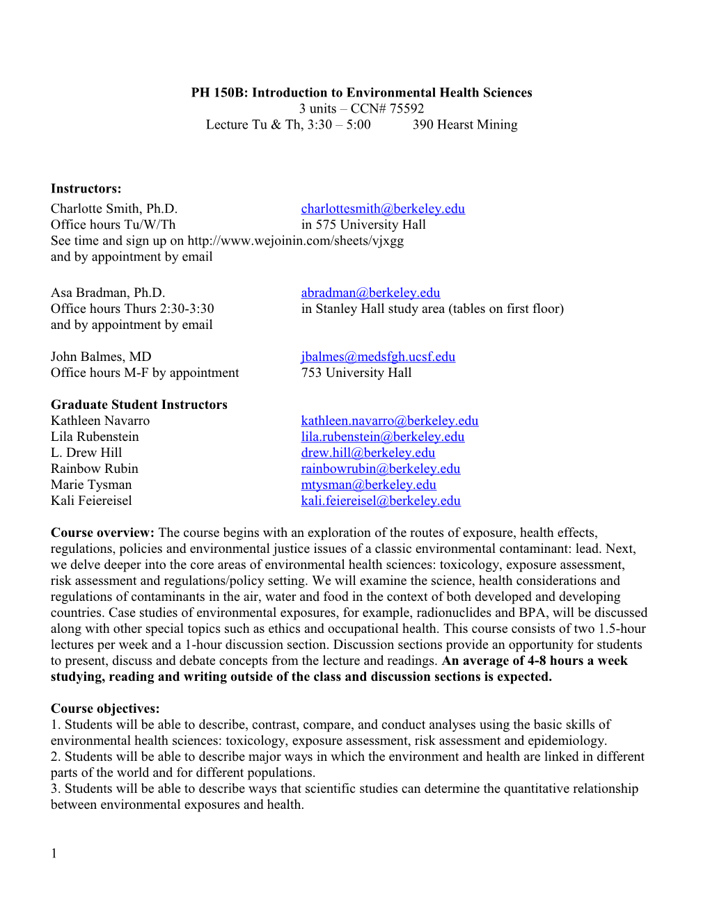 PH 150B: Introduction to Environmental Health Sciences