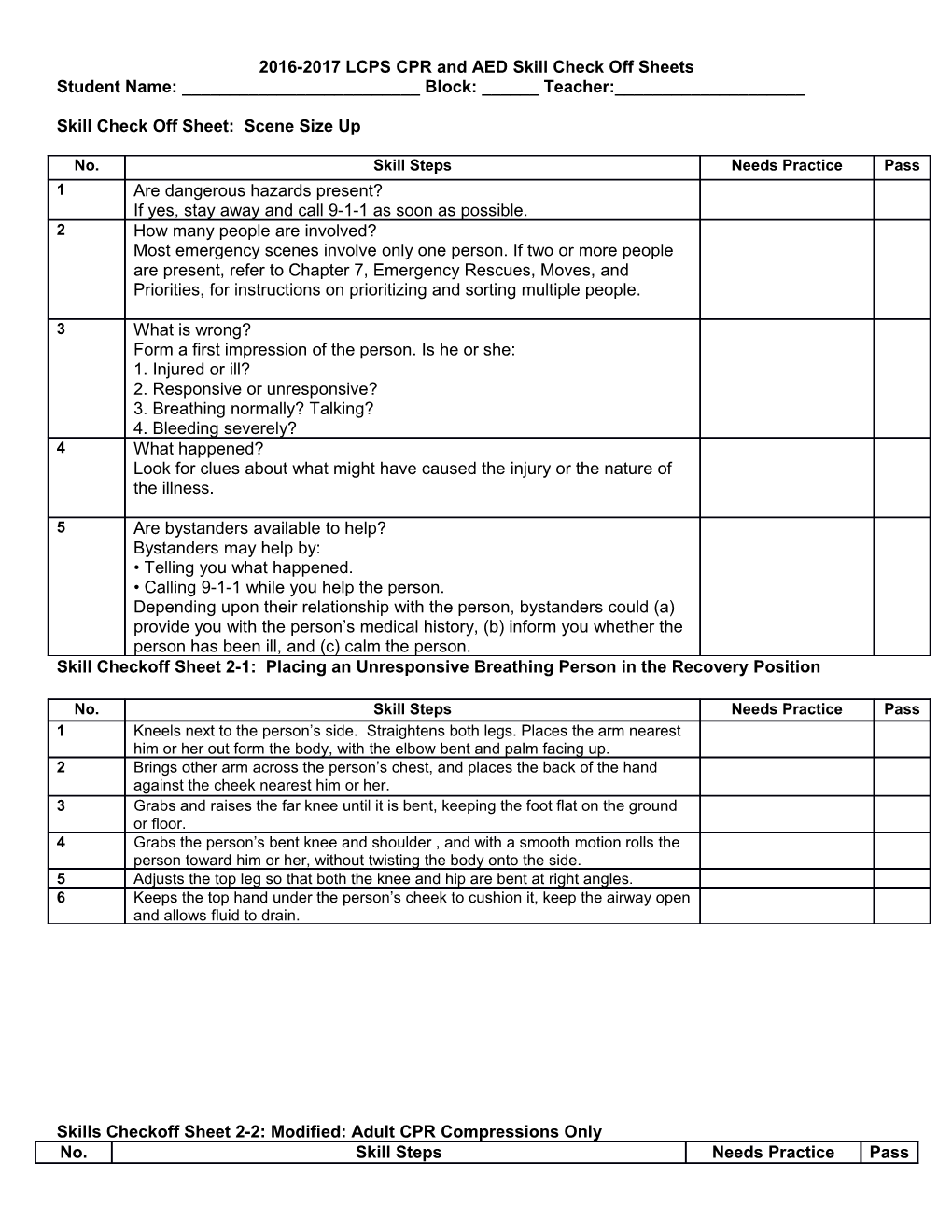 2016-2017 LCPS CPR and AED Skill Check Off Sheets