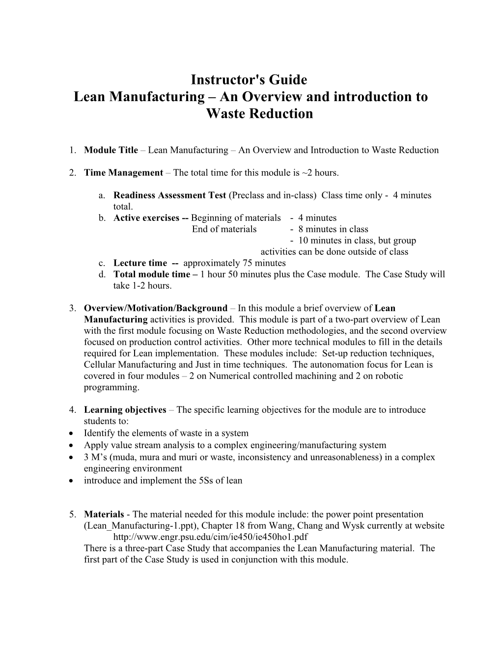 Instructor's Guide for Lean Manufacturing Introduction