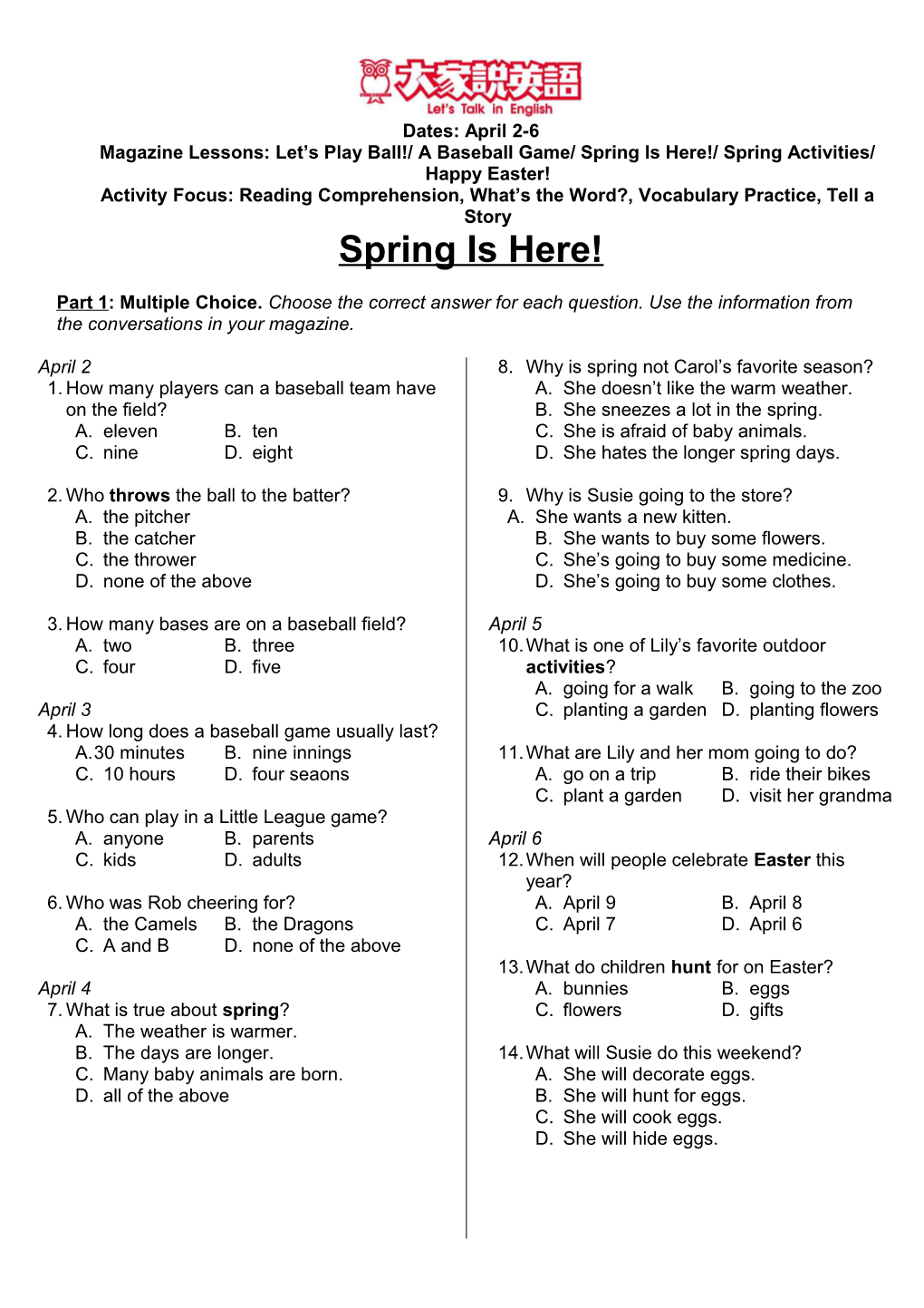 Activity Focus: Reading Comprehension, What S the Word?, Vocabulary Practice, Tell a Story