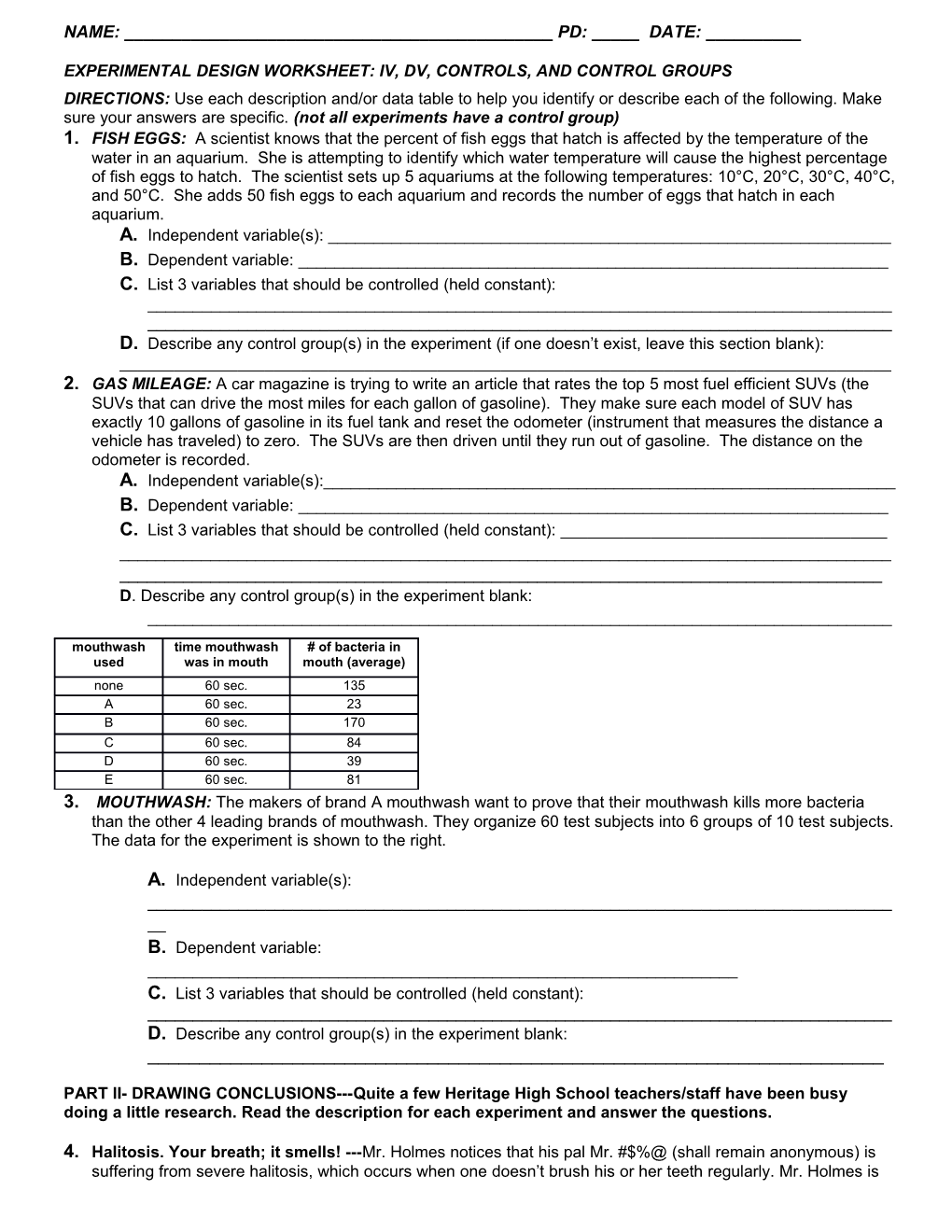 Experimental Design Worksheet: Iv, Dv, Controls, and Control Groups ...