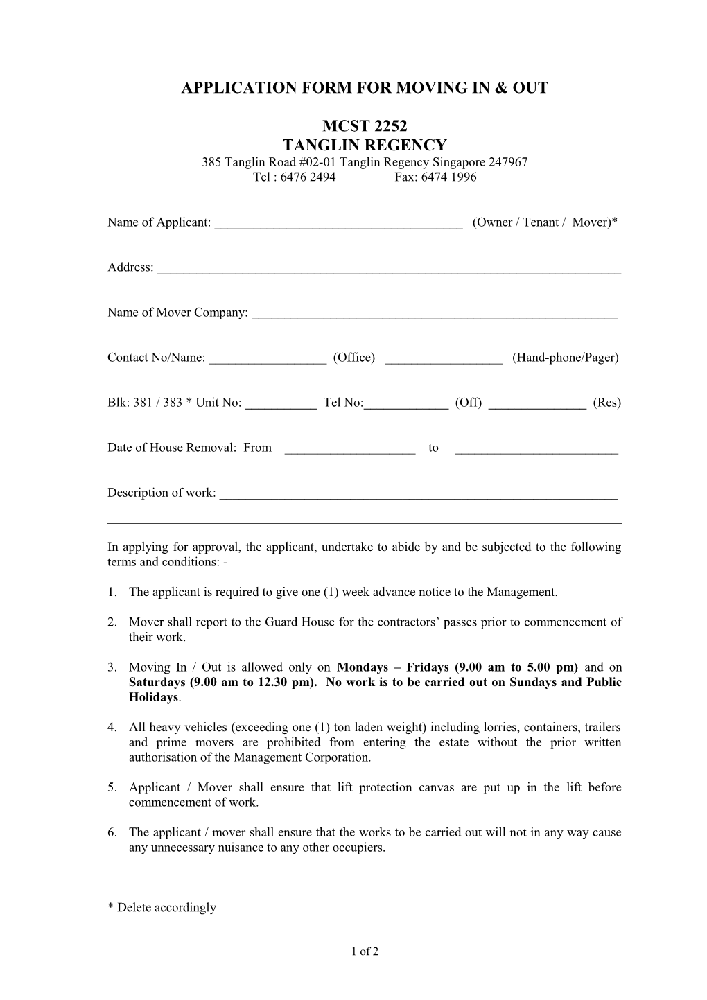 Application Form for Moving in & Out