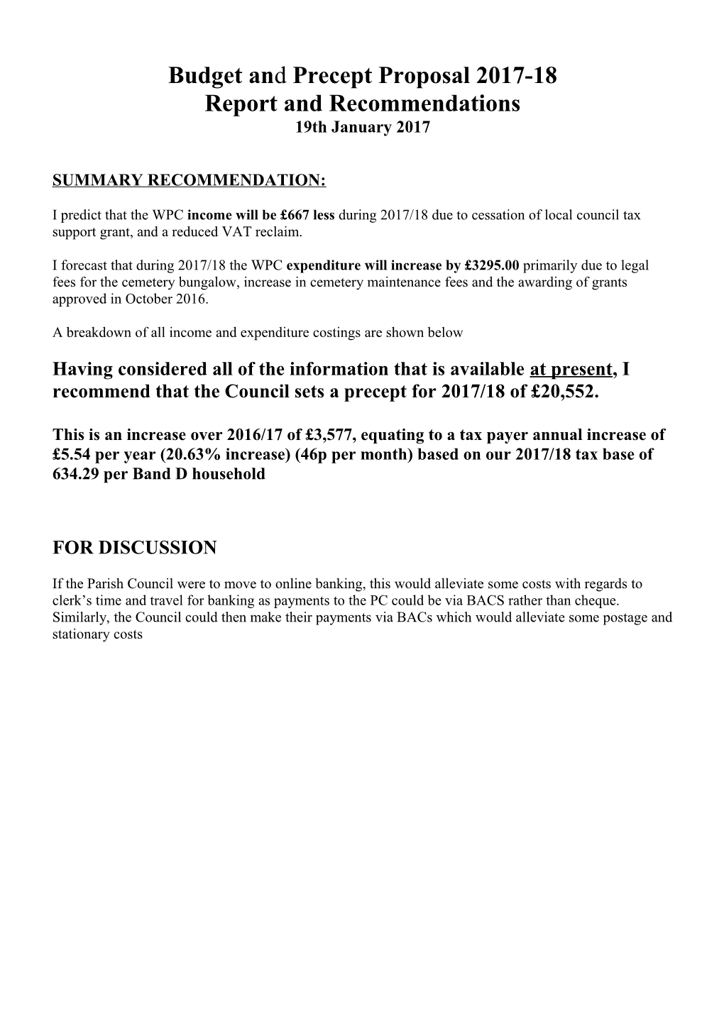 Winkleigh Parish Council 2017-18 Budget Proposal