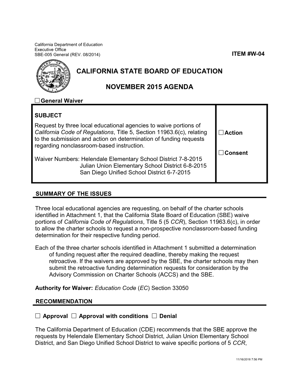 November 2015 Waiver Item W-04 - Meeting Agendas (CA State Board of Education)