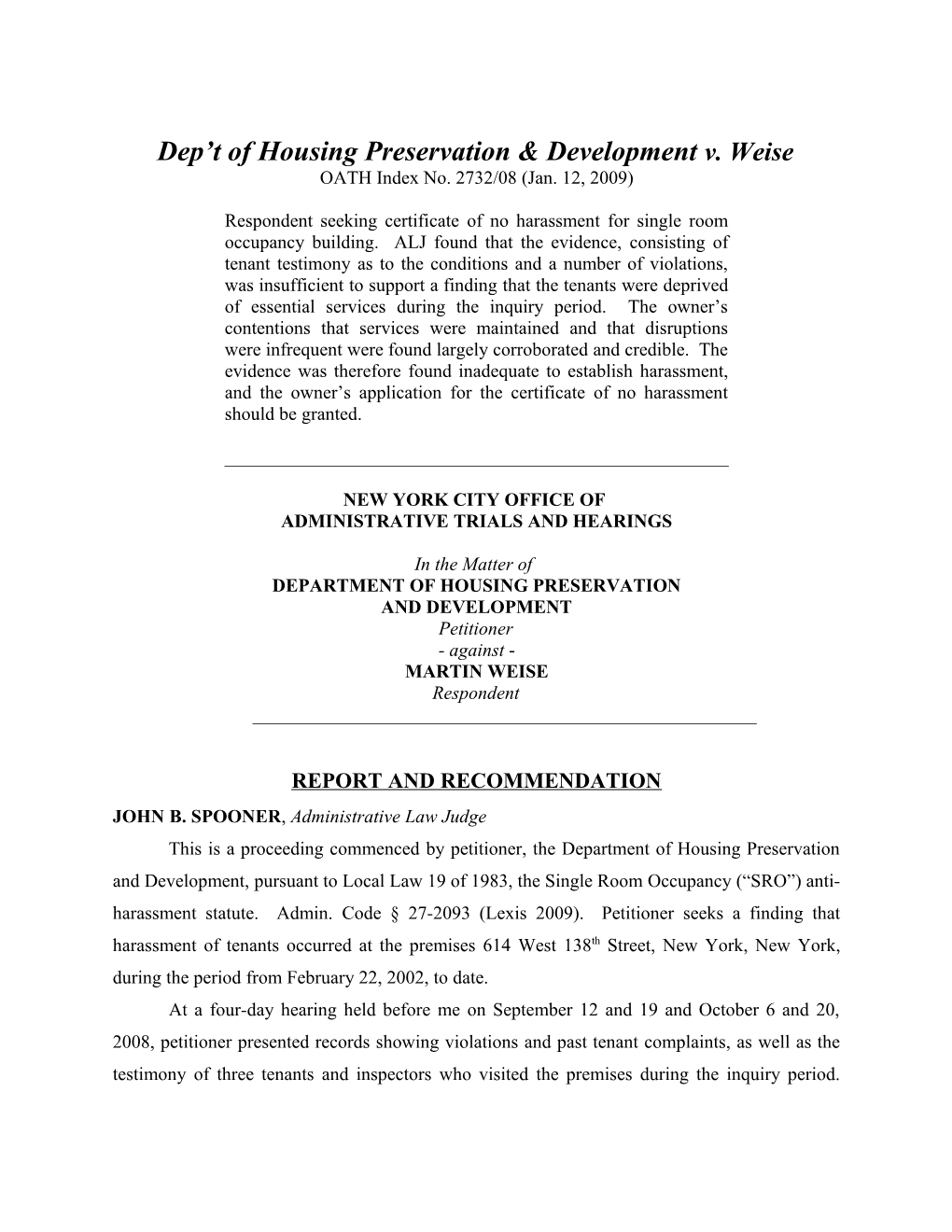 Dep T of Housing Preservation & Development V