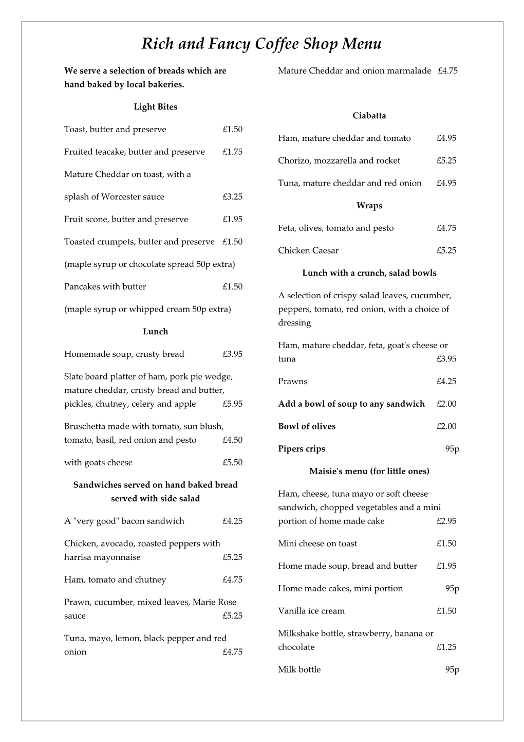 Rich and Fancy Coffee Shop Menu