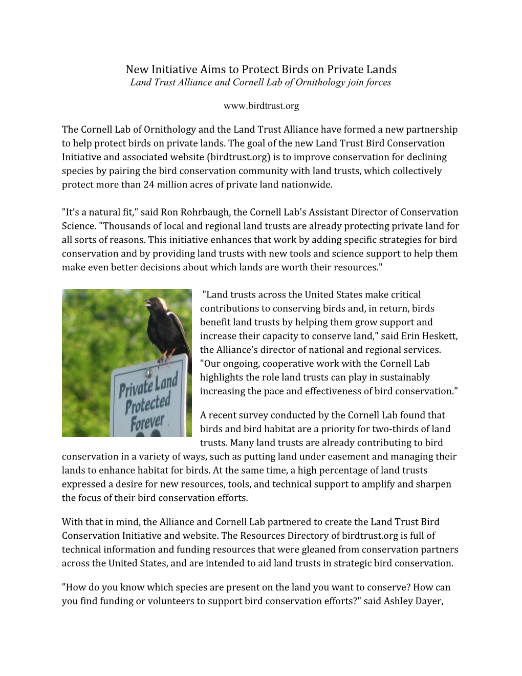 New Initiative Aims to Protect Birds on Private Lands Land Trust Alliance Andcornell Lab