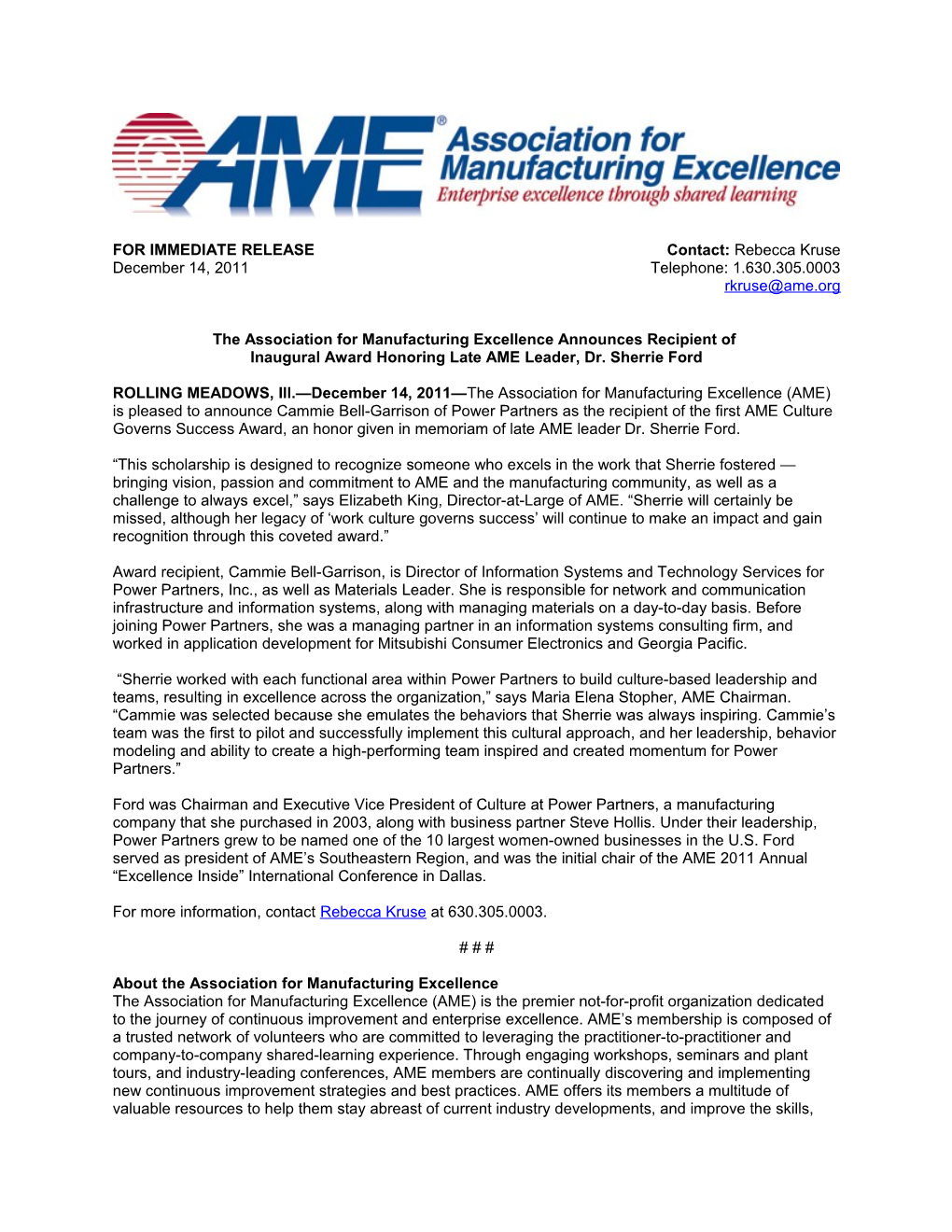 The Association for Manufacturing Excellence Announces Recipient Of