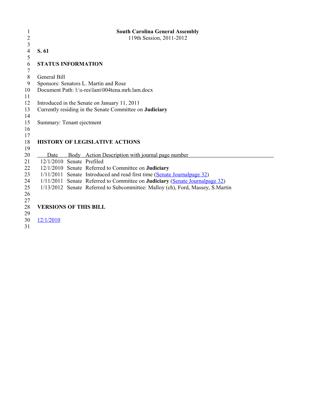 2011-2012 Bill 61: Tenant Ejectment - South Carolina Legislature Online