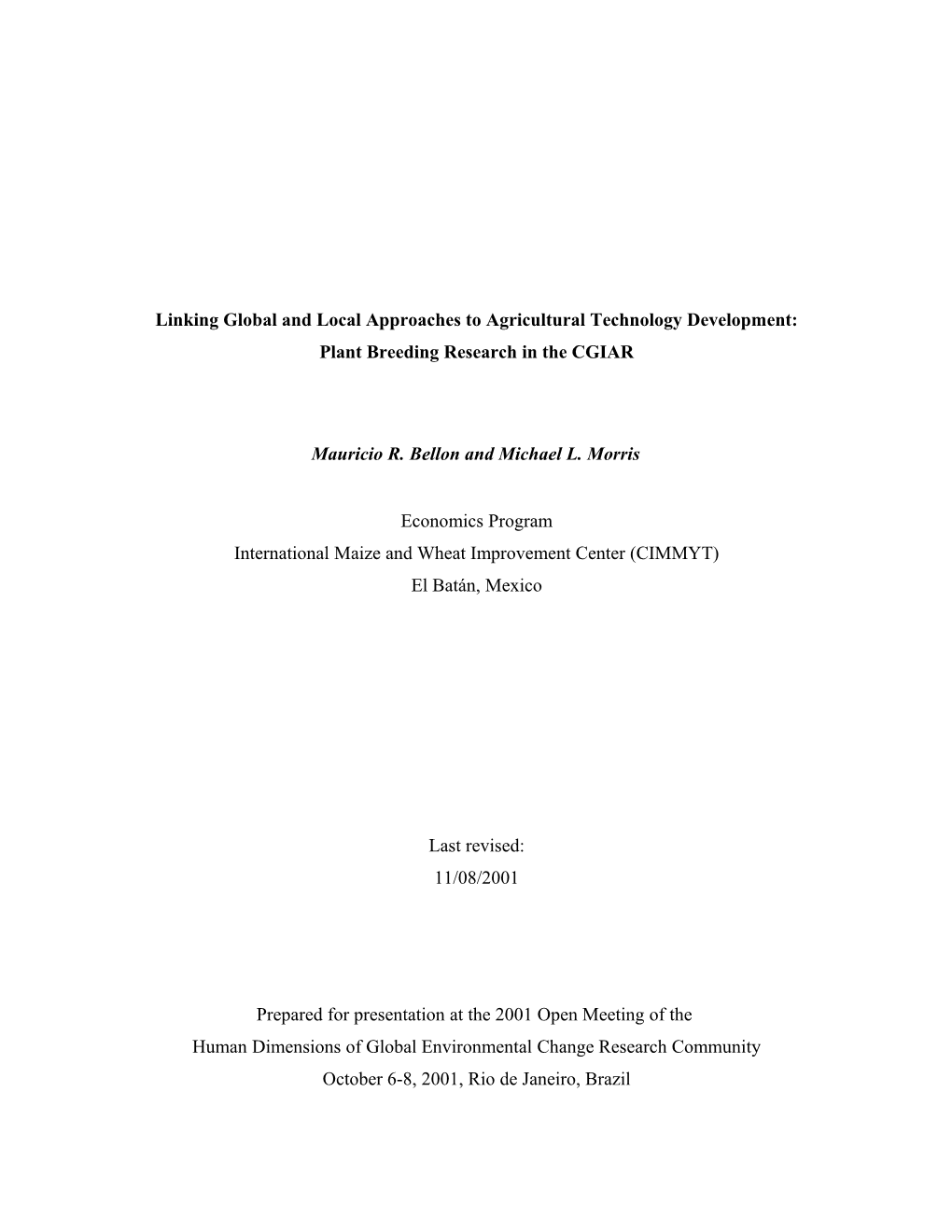 Linking Global and Local Approaches to Agricultural Technology Development