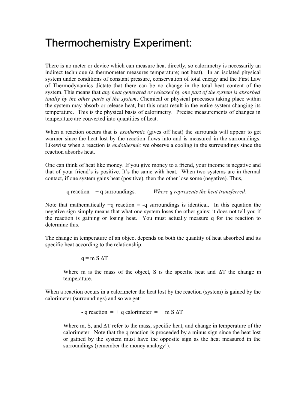 Thermochemistry Experiment