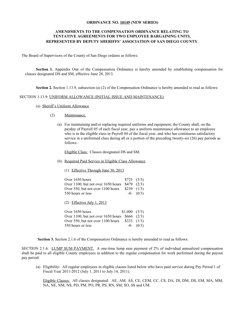 Amendments to the Compensation Ordinance Relating To