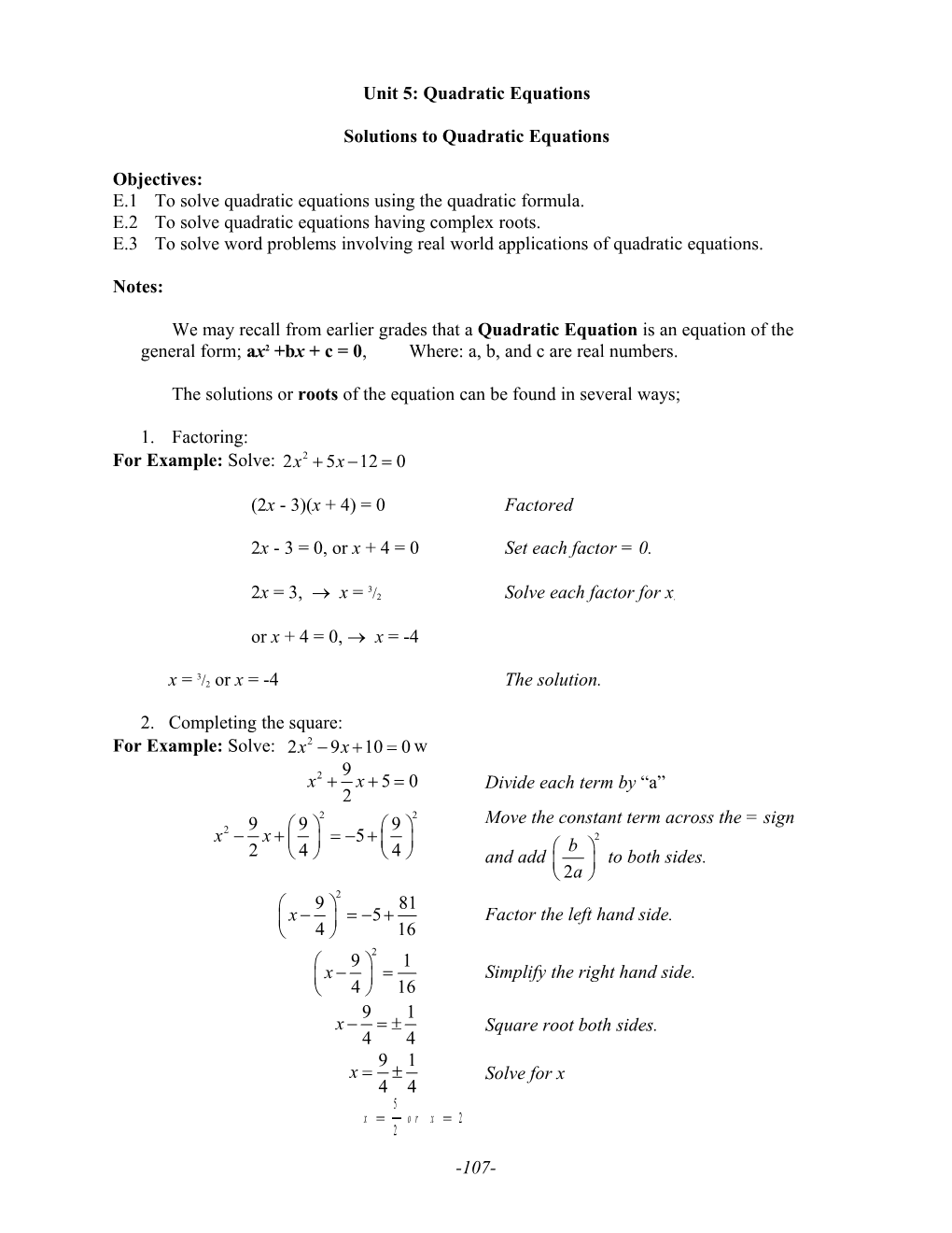 Unit 5: Quadratic Equations