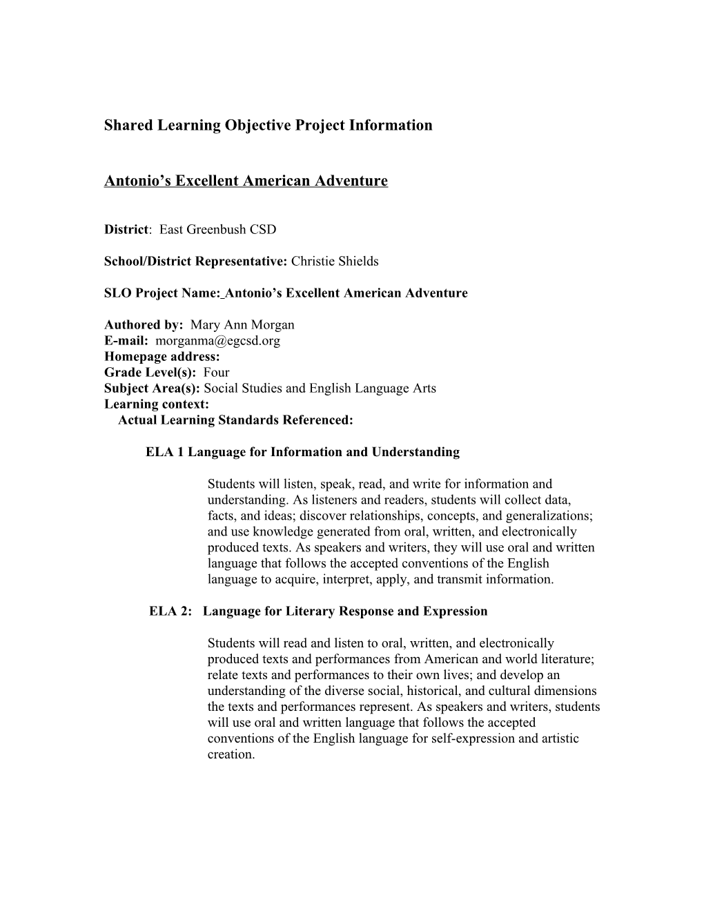 Shared Learning Objective Project Information