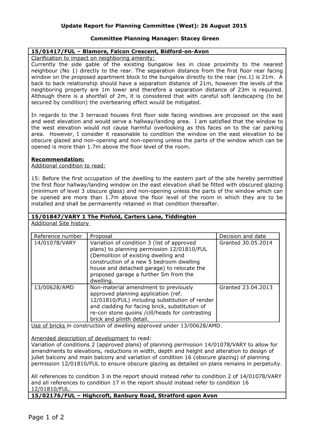 Update Report for Planning Committee(West): 26 August 2015