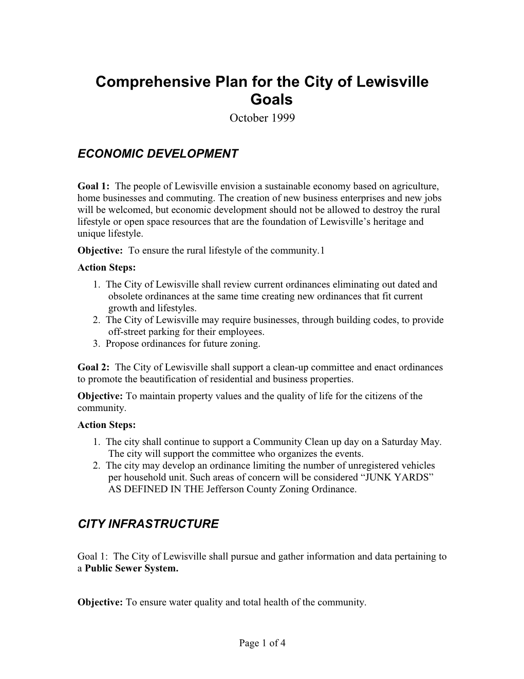 Comprehensive Plan for the City of Lewisville Goals