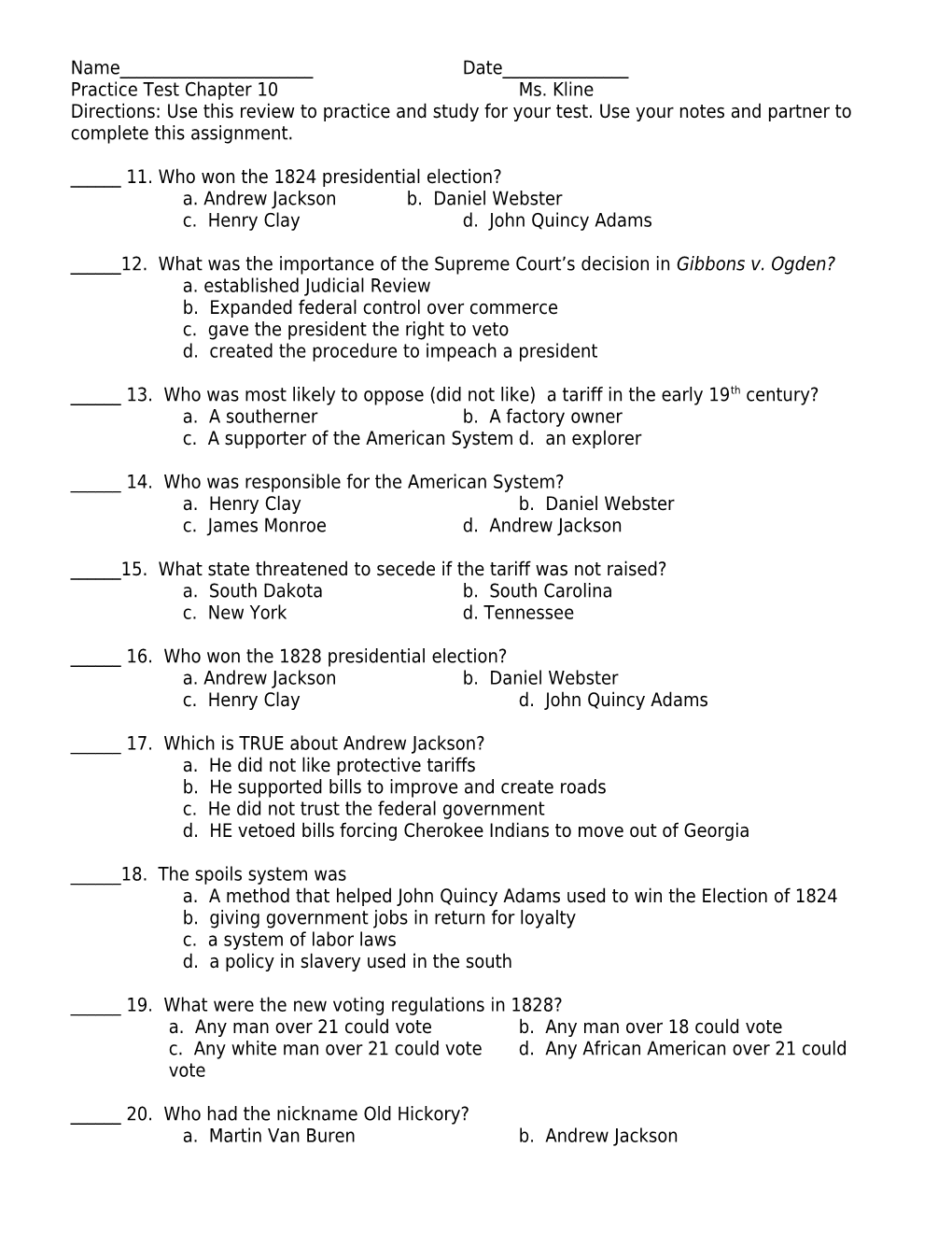 Practice Test Chapter 10Ms. Kline