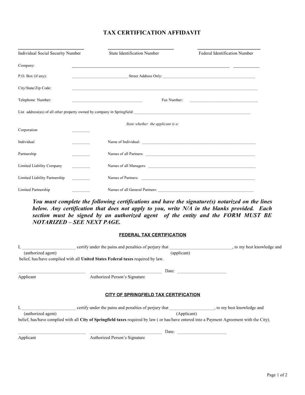 Tax Certification Affidavit for Contracts