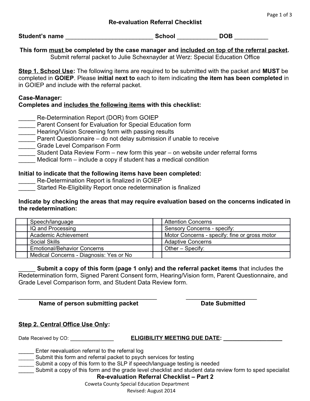 Re-Evaluation Referral Checklist