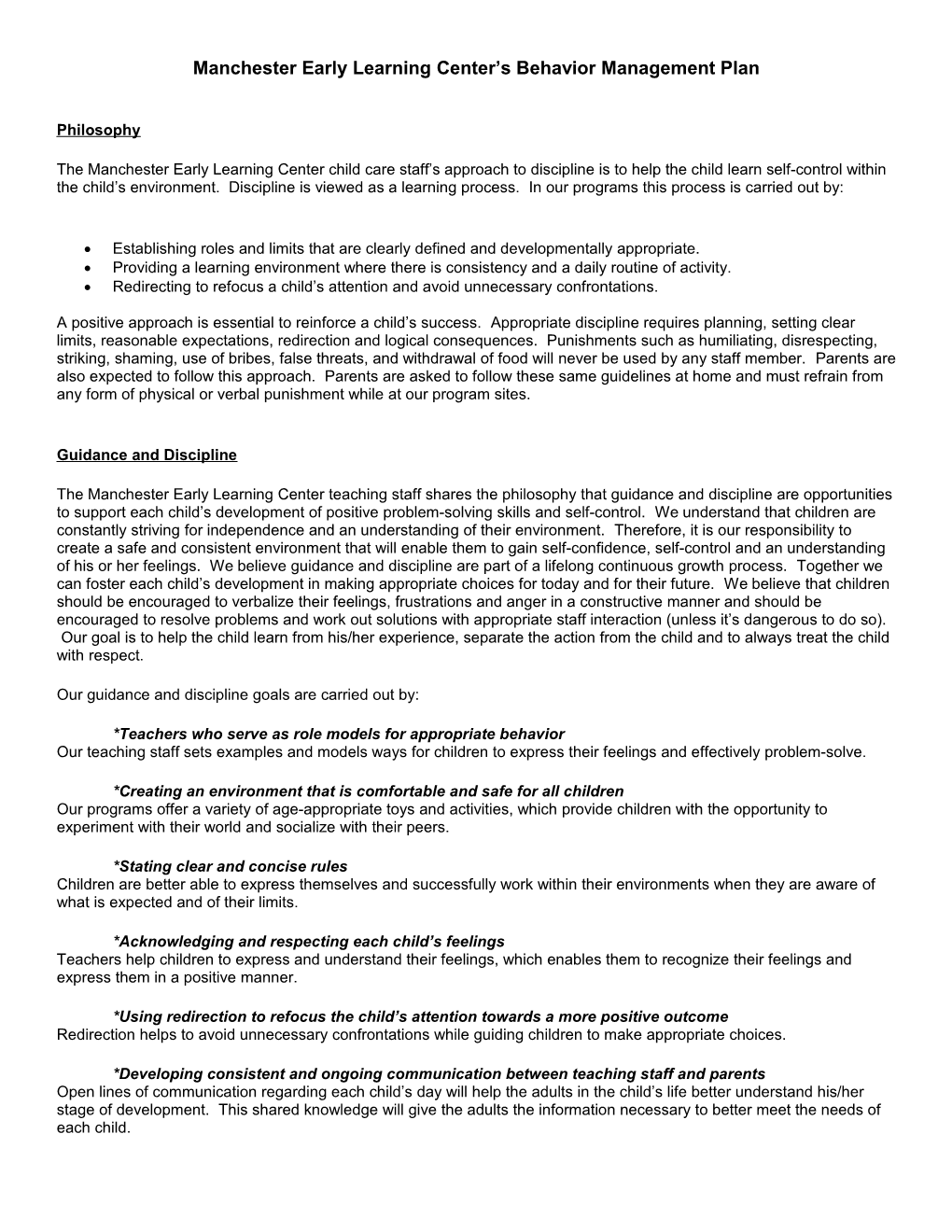 Manchester Early Learning Center S Behavior Management Plan