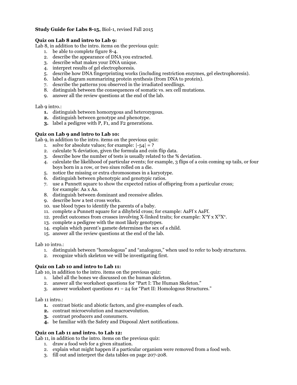 Study Guide for Labs 8-15, Biol-1, Revised Fall 2015