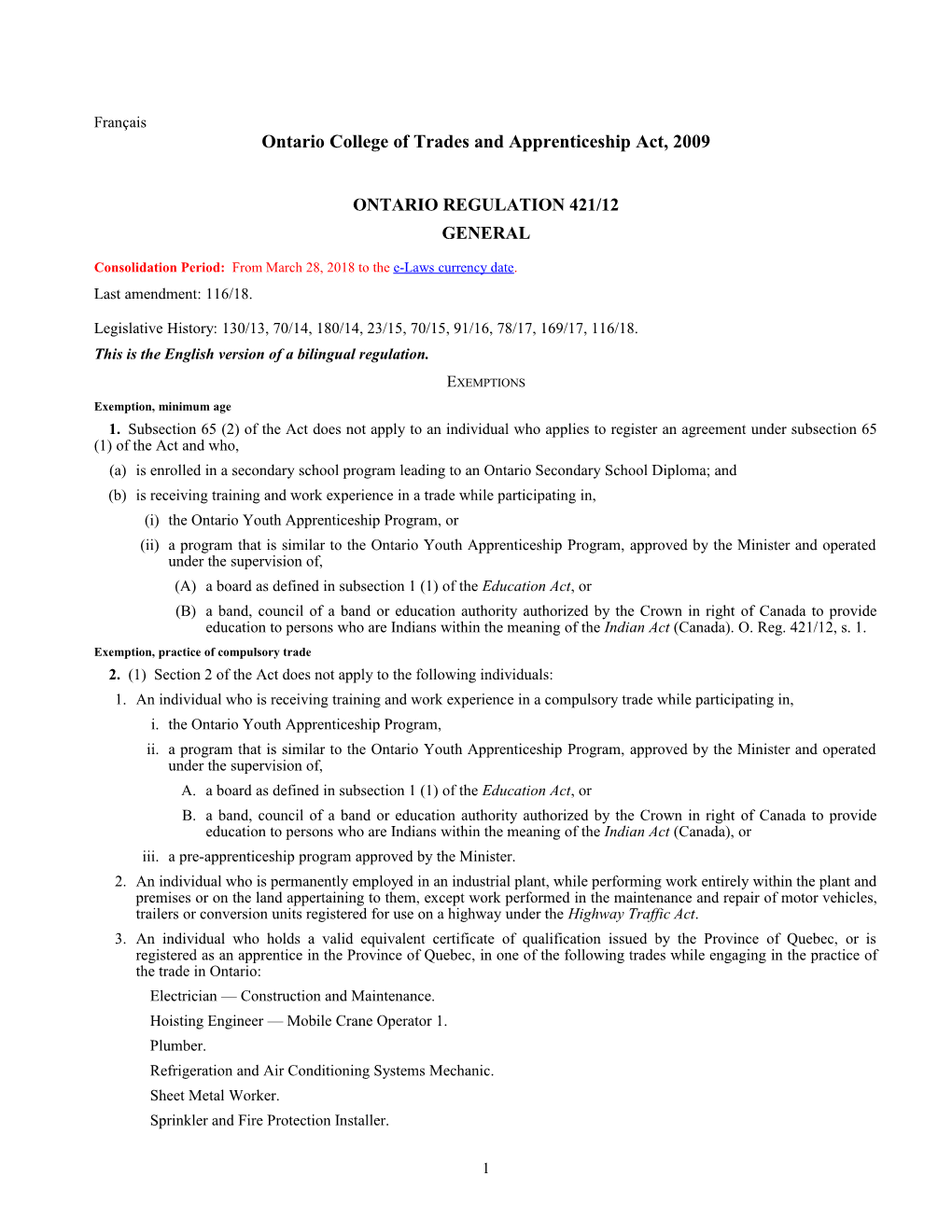 Ontario College of Trades and Apprenticeship Act, 2009 - O. Reg. 421/12