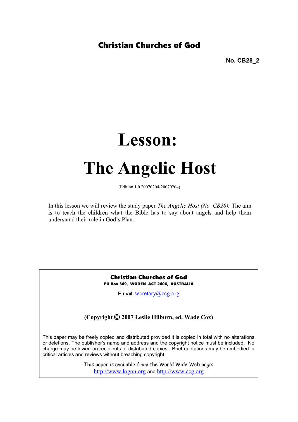 Lesson: the Angelic Host (No. CB28 2)