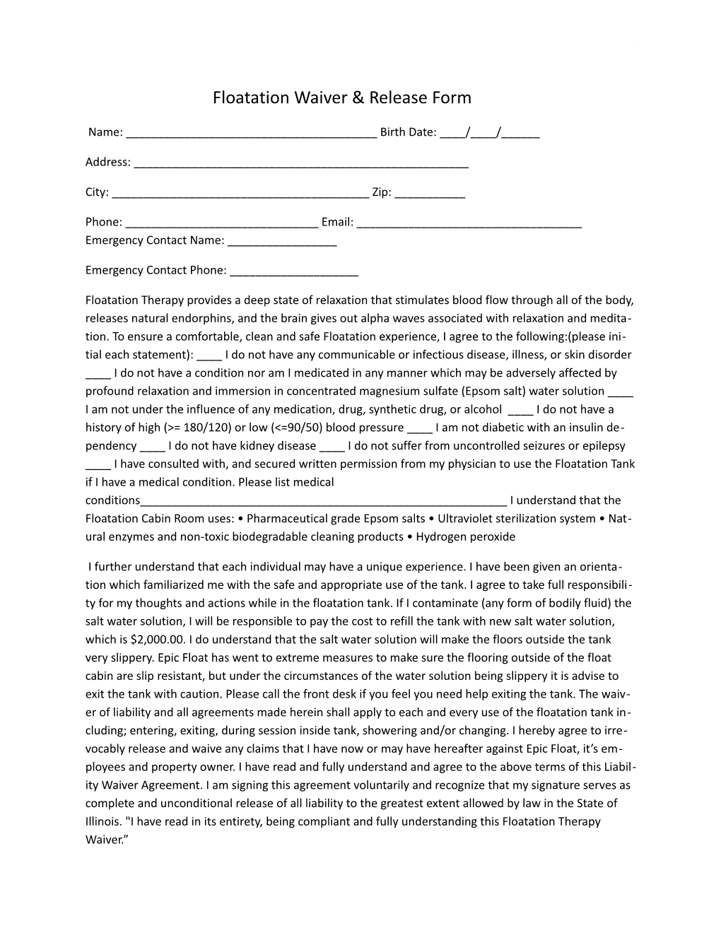 Floatation Waiver & Release Form