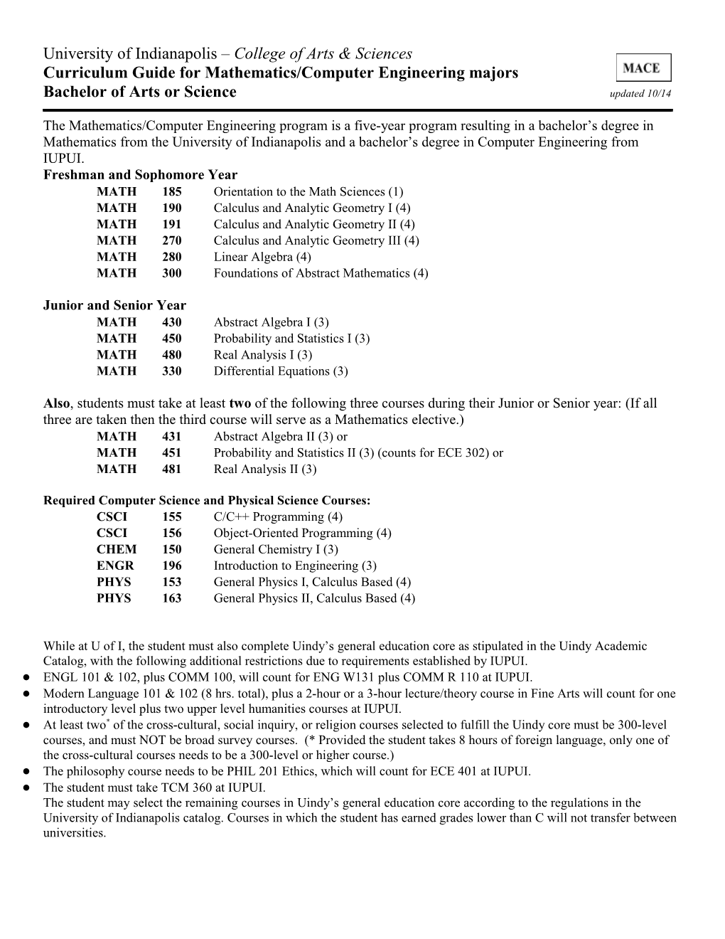 Curriculum Guide for Mathematics/Computer Engineering Majors