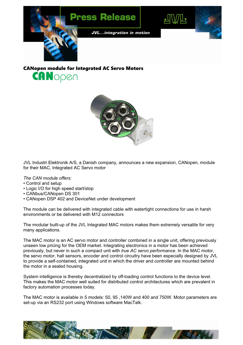 Canopen Module for Integrated AC Servo Motors