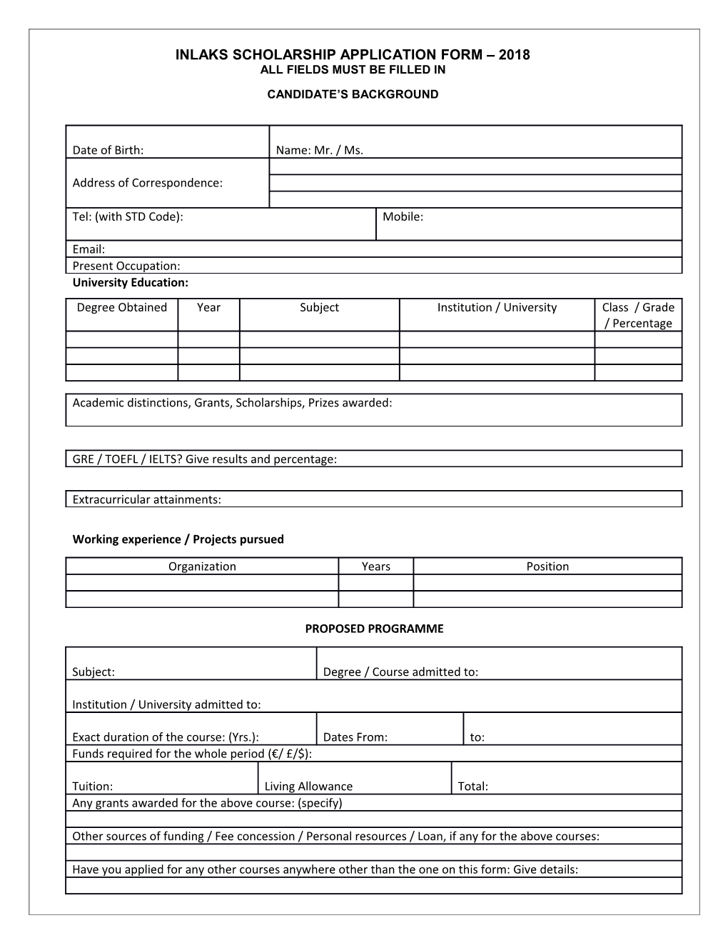 Inlaks Scholarship Application Form 2018