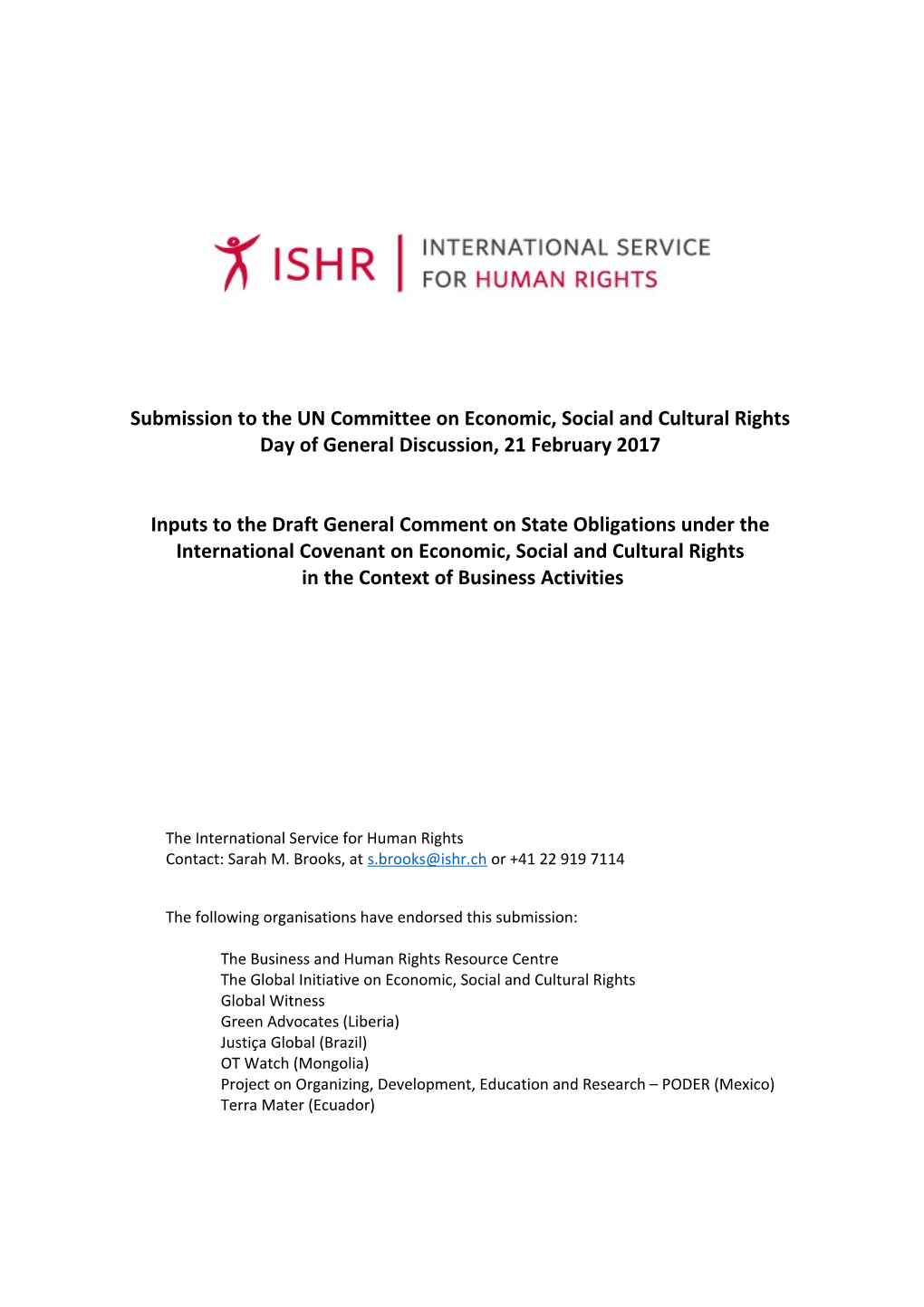 Submission to the UN Committee on Economic, Social and Cultural Rights