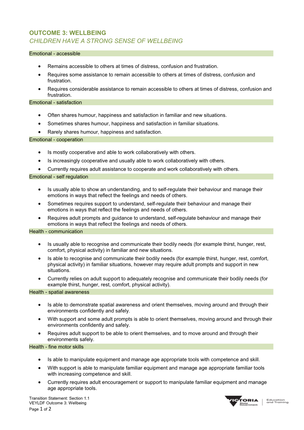 Outcome 3: Wellbeing Children Have a Strong Sense of Wellbeing