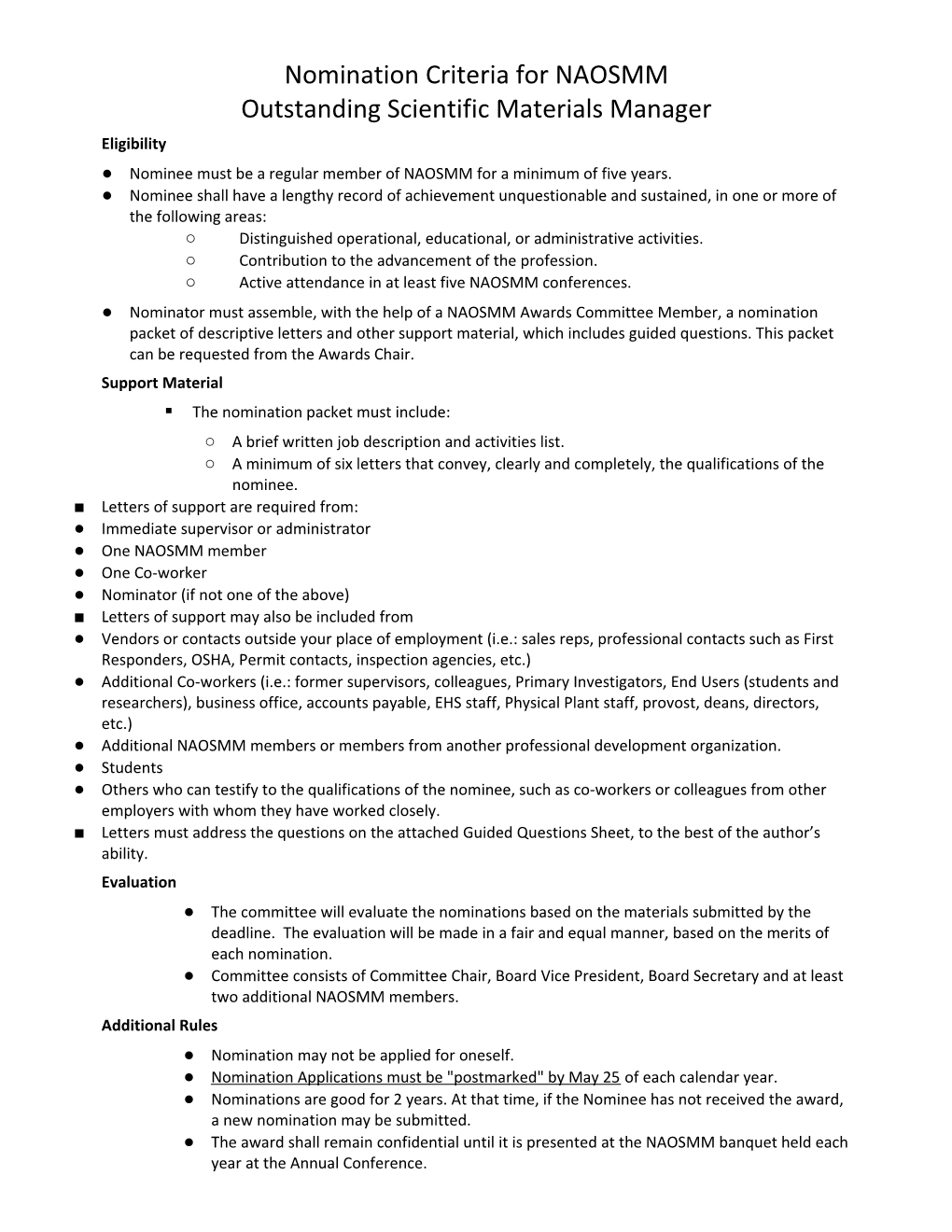 Nomination Criteria for NAOSMM