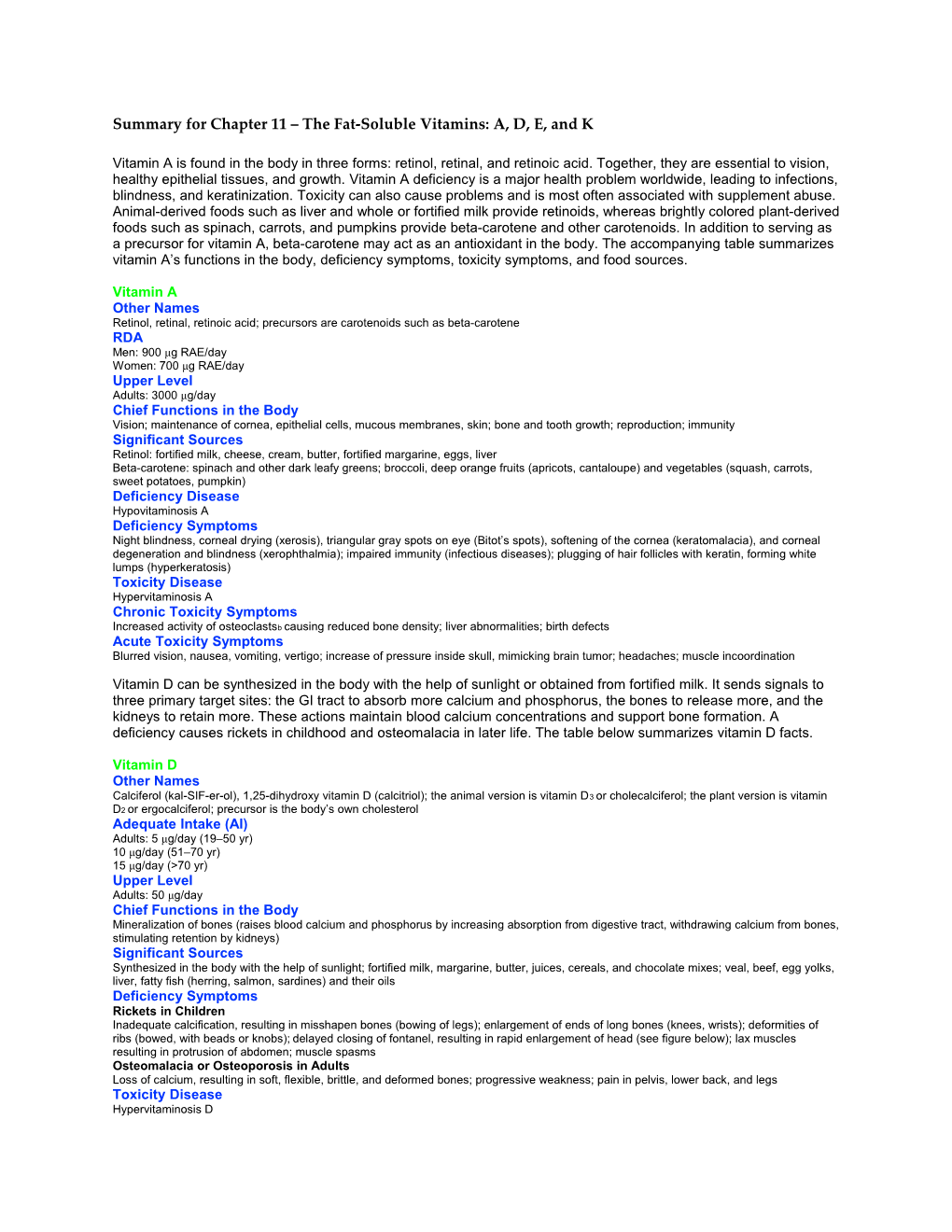 Summary for Chapter 11 the Fat-Soluble Vitamins: A, D, E, and K