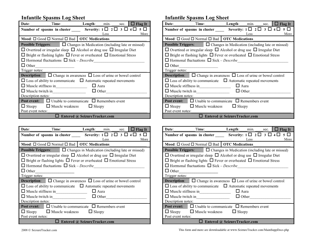 Infantile Spasms Log Sheet