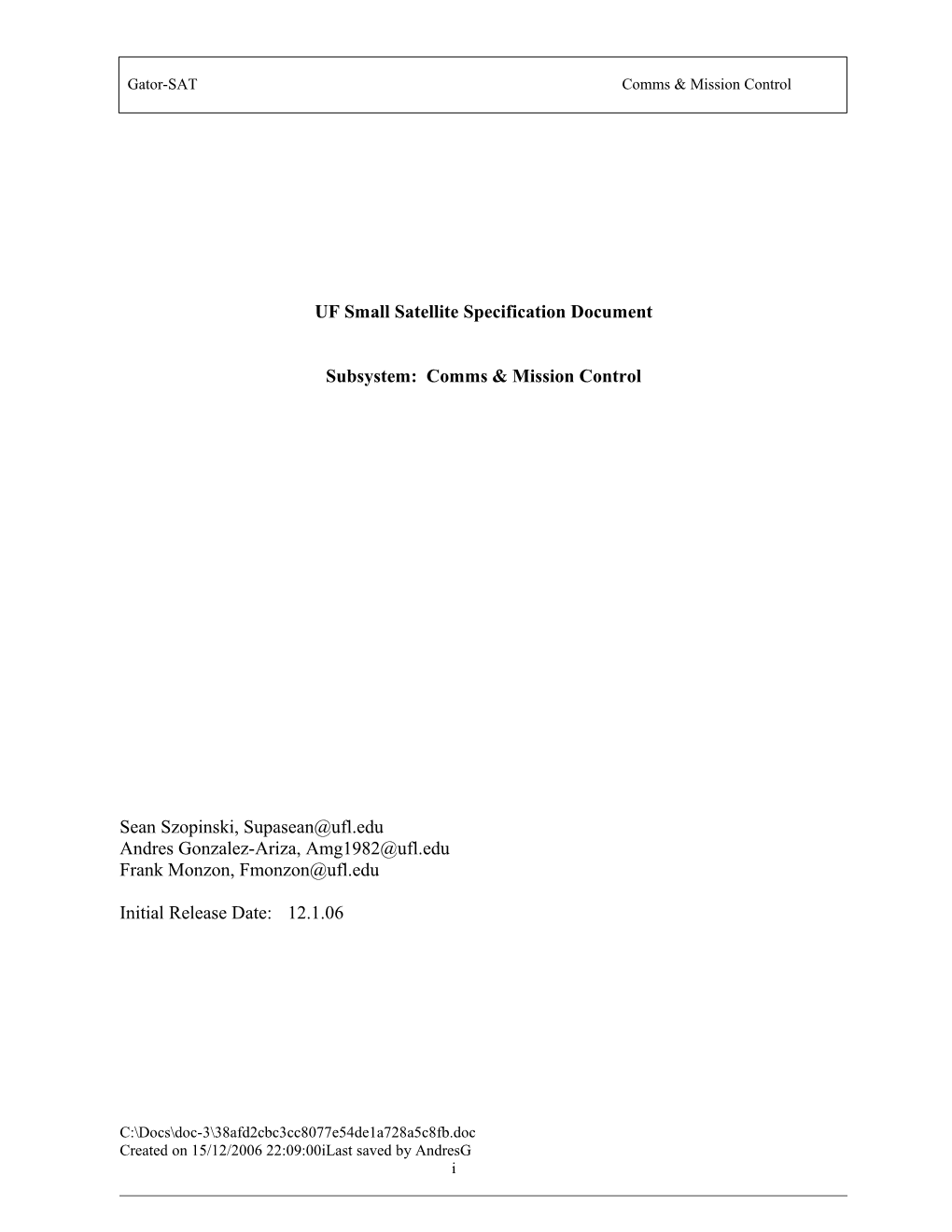 UF Small Satellite Specification Document