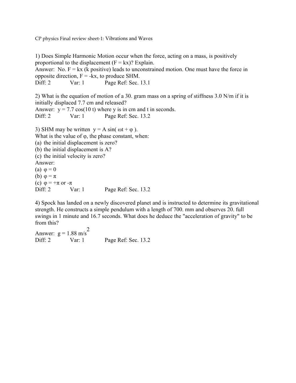 CP Physics Final Review Sheet-1: Vibrations and Waves