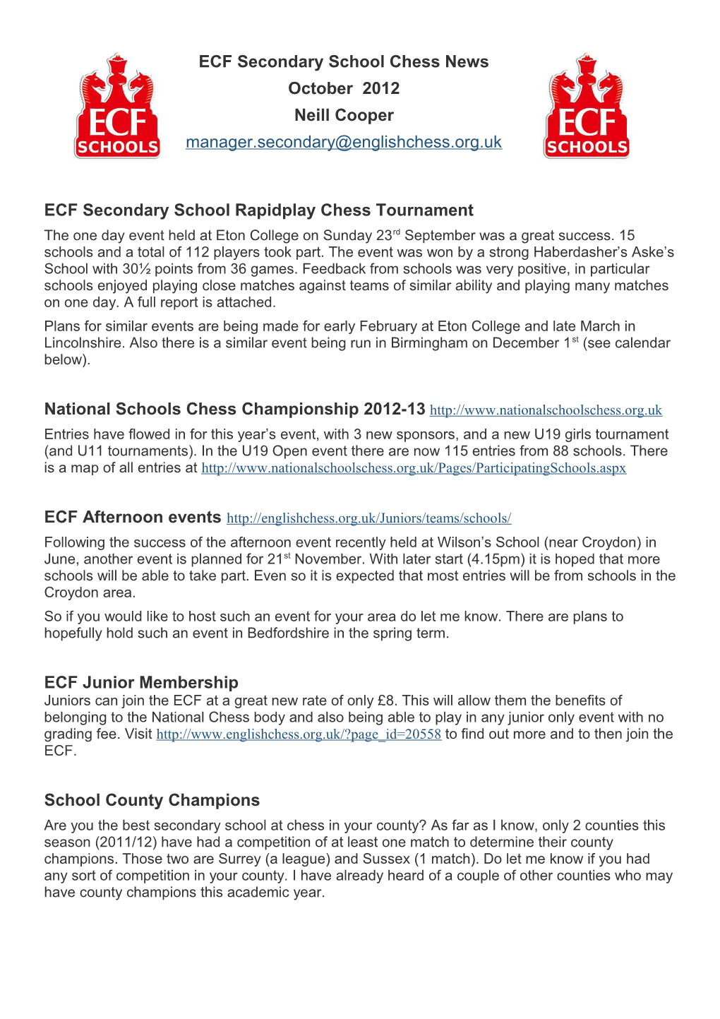 ECF Secondary School Rapidplay Chess Tournament