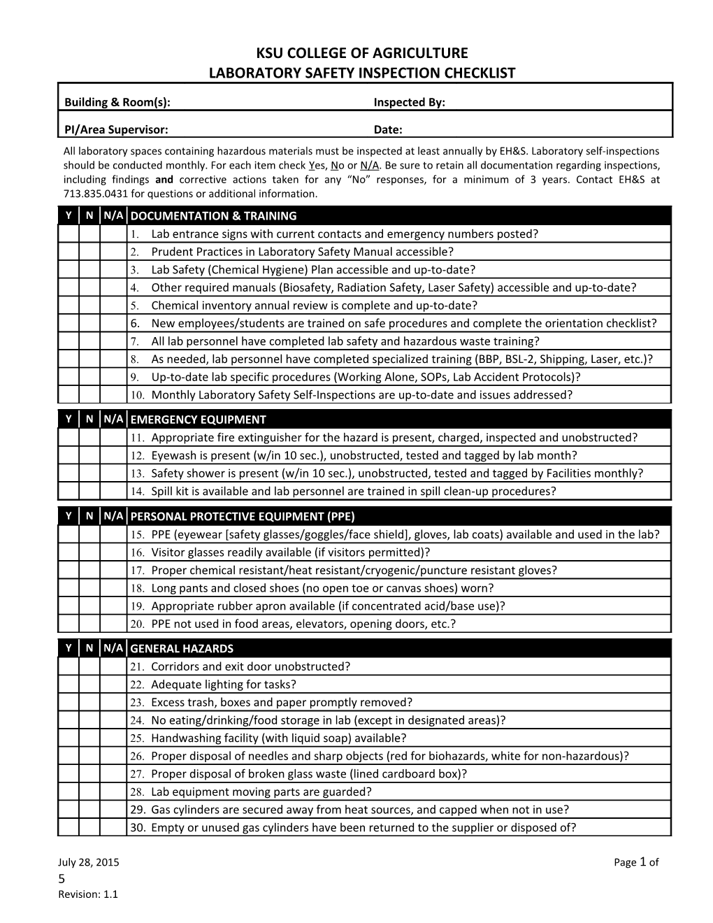 Laboratory Inspection Checklist