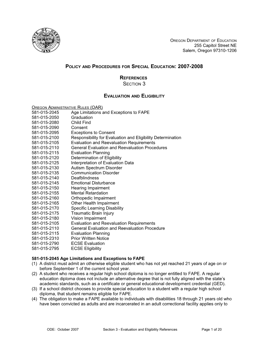 References: Section 3 Evaluation and Eligibility