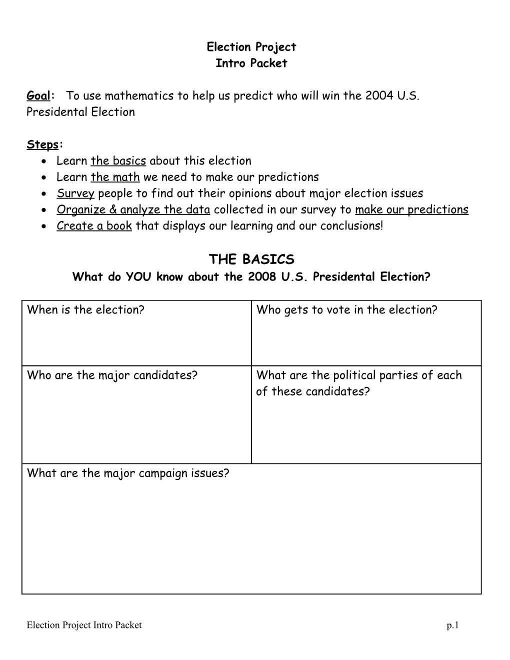 Goal: to Use Mathematics to Help Us Predict Who Will Win the 2004 U.S. Presidental Election