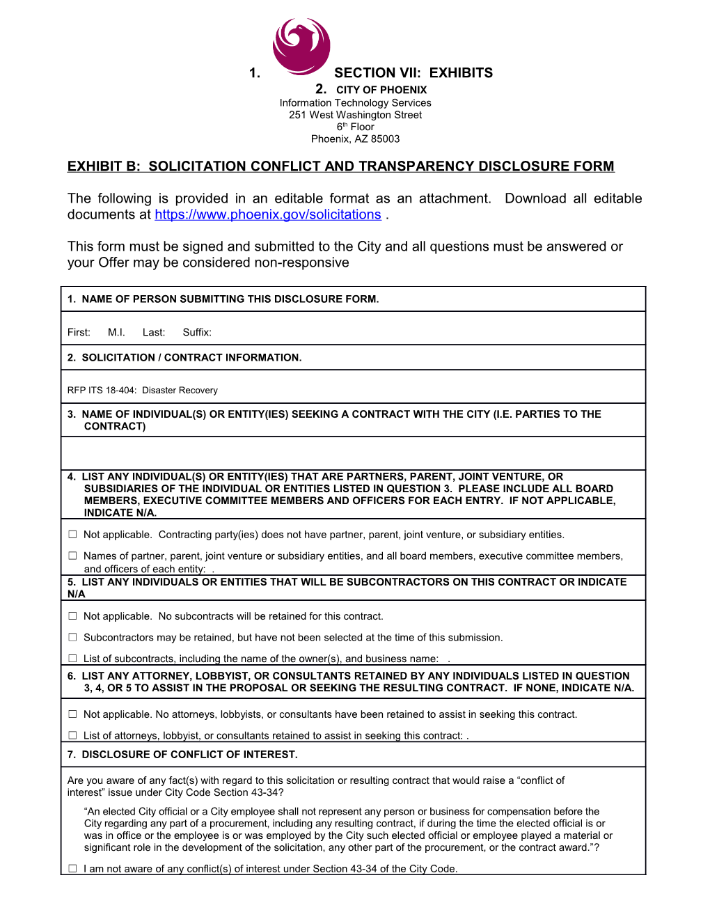 RFP ITS 18-404 Exhibit B Solicitation Conflict and Transparency Disclosure Form