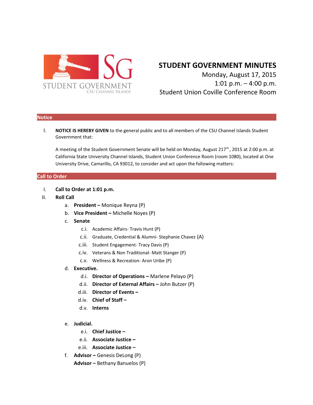 A Meeting of the Student Government Senatewill Be Held on Monday, August 217Th , 2015 At