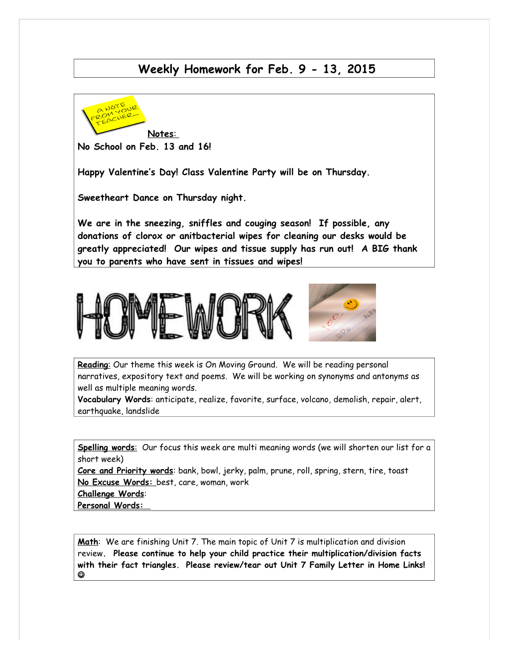 Weekly Homework for January 21 - 25, 2013