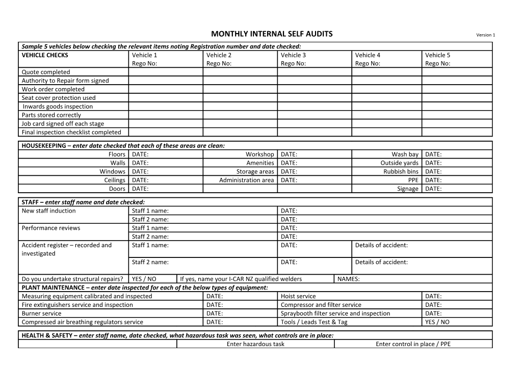 MONTHLY INTERNAL SELF AUDITS Version 1