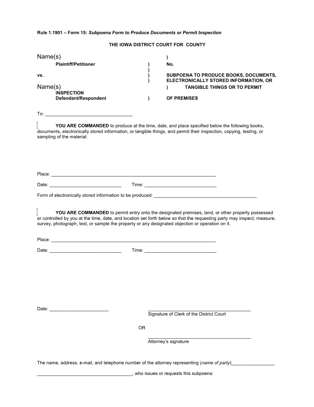 Rule 1.1901 Form 15: Subpoena Form to Produce Documents Or Permit Inspection